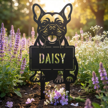 French Bulldog personalized memorial garden stake with DAISY name and flowers at sunset