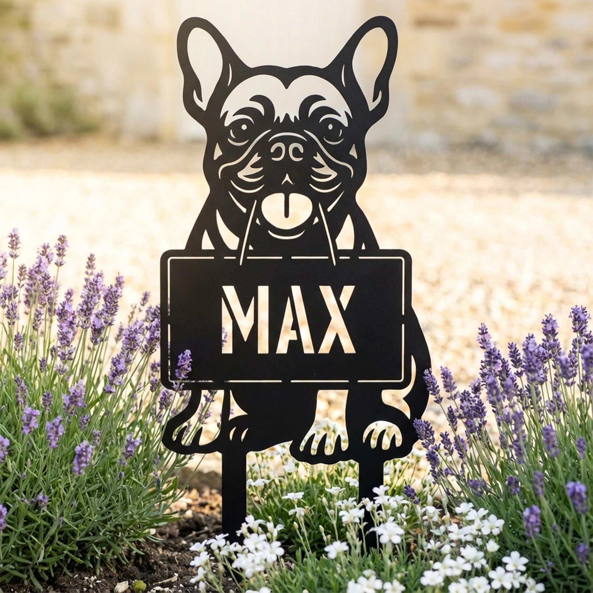 Black French Bulldog metal garden stake with MAX name sign surrounded by lavender and white flowers