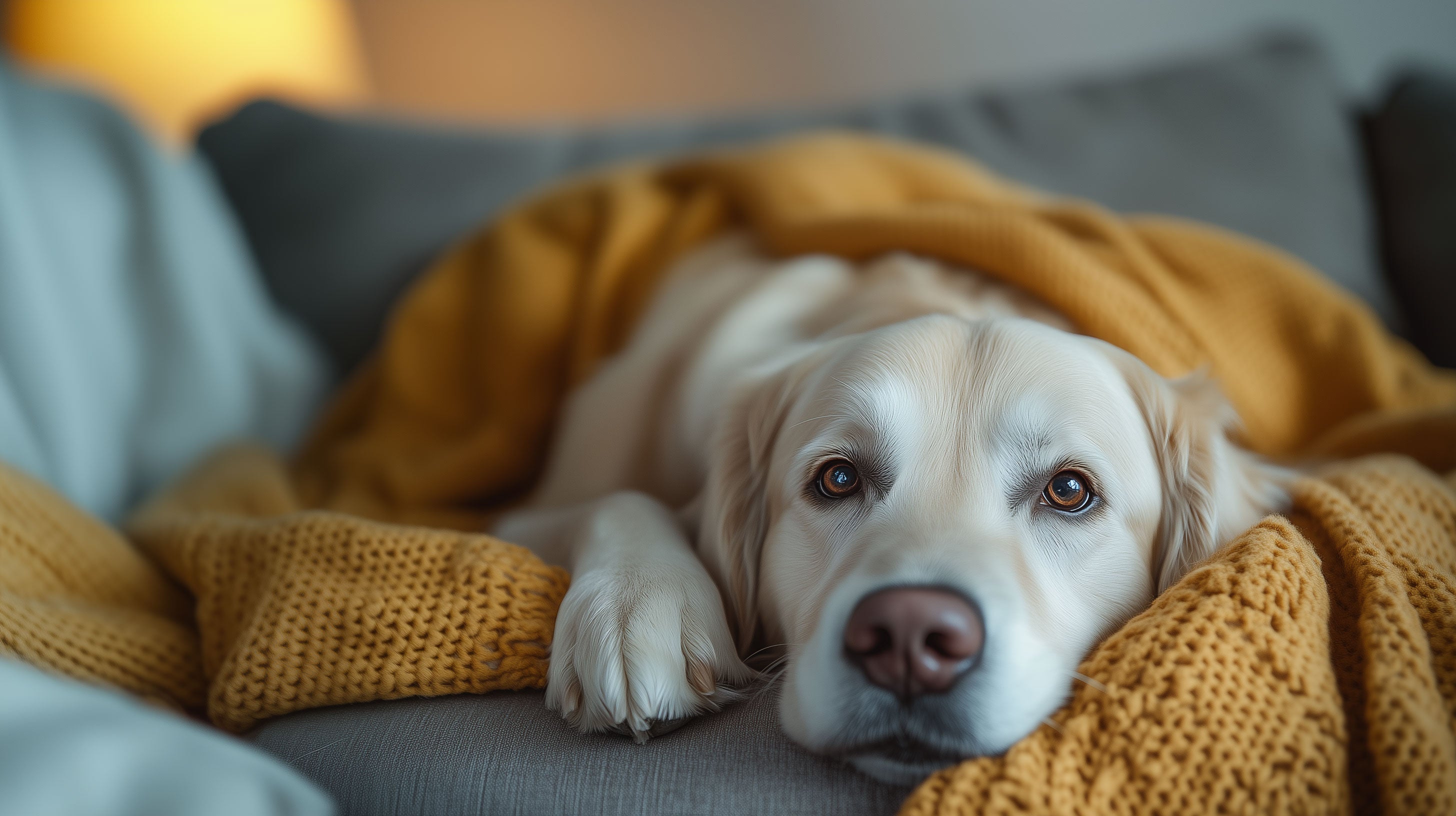 Cream golden retriever resting on a sofa, calm and at home.