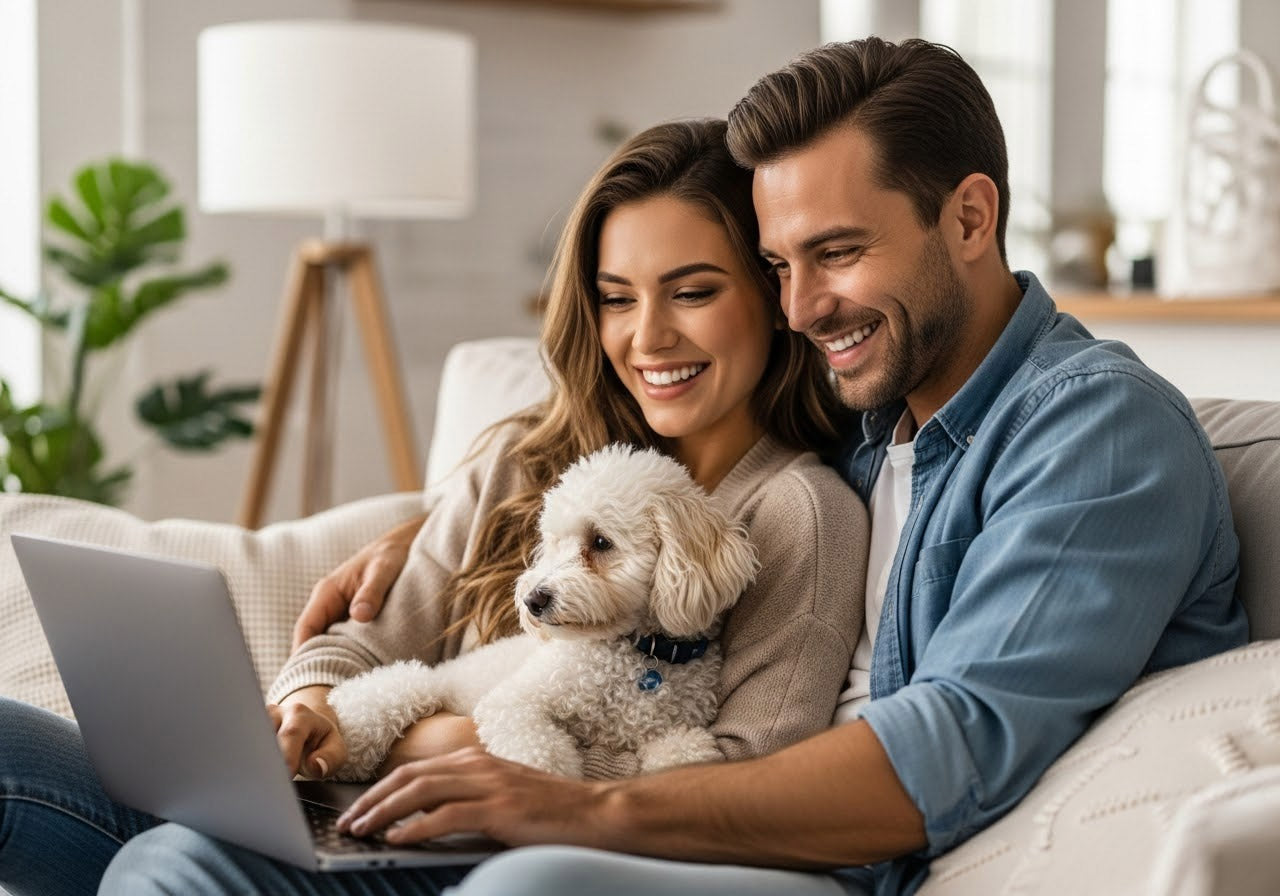Prime Steel Studio customers browsing personalized steel signs with their dog.