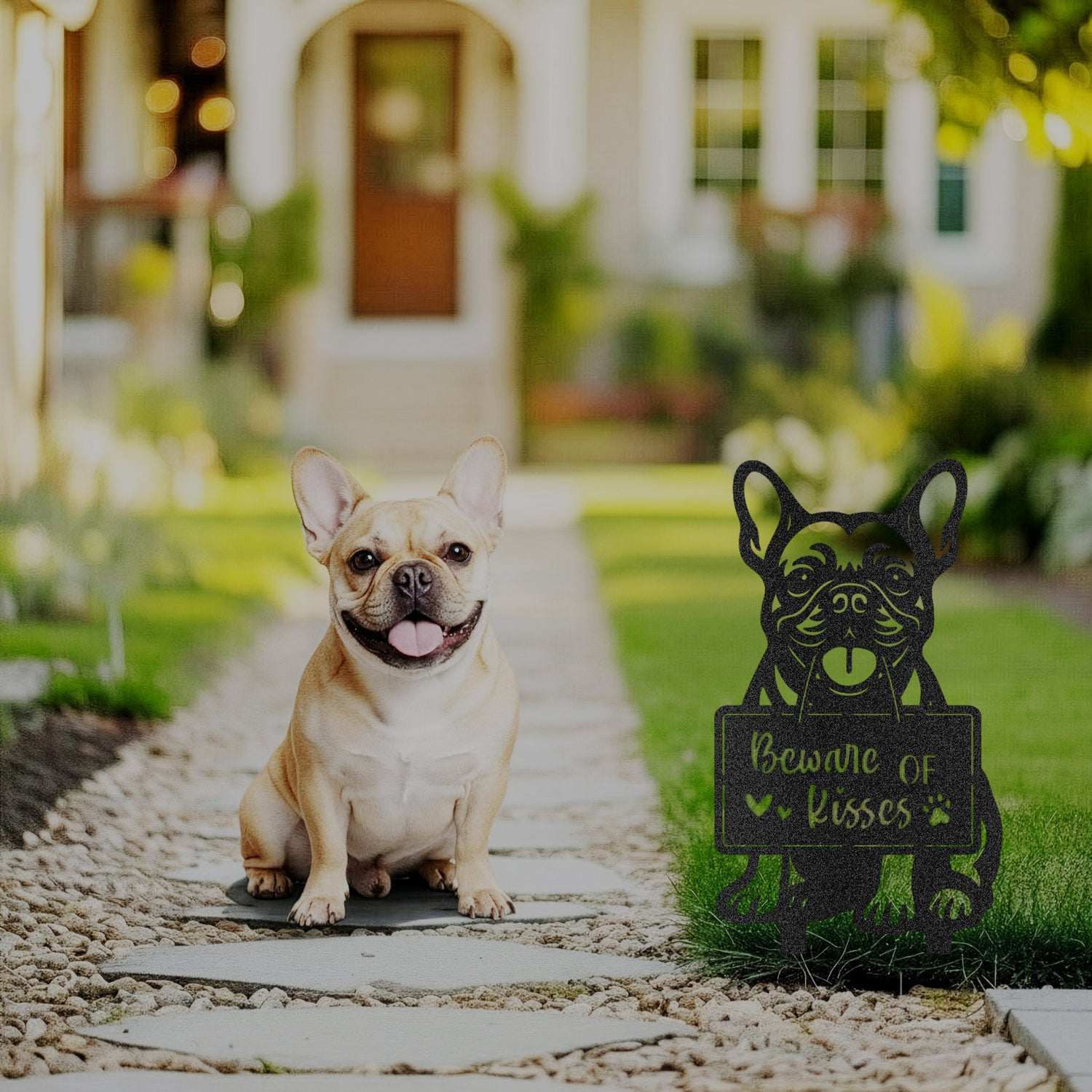 French Bulldog sitting on a garden path next to a black metal “Beware of Kisses” yard stake sign – Prime Steel Studio