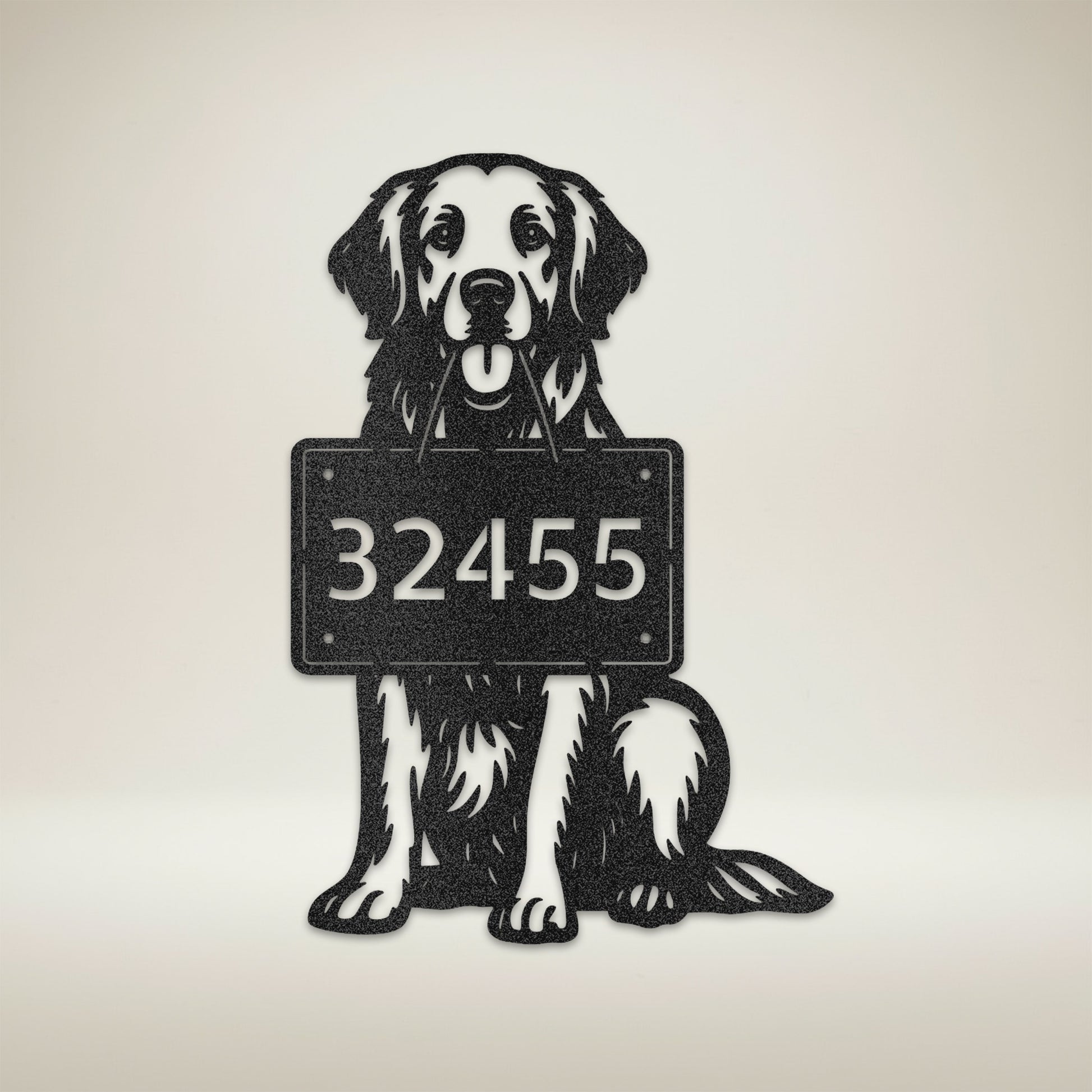 Black Golden Retriever personalized address sign with house number 32455 cut out, 16-gauge steel wall plaque on neutral background.