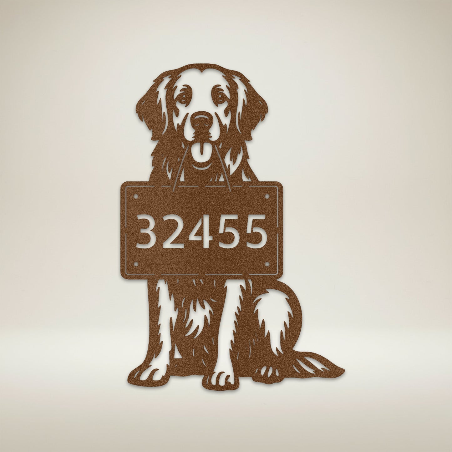 Copper finish Golden Retriever address sign with custom house number 32455, metal wall plaque on soft neutral background.
