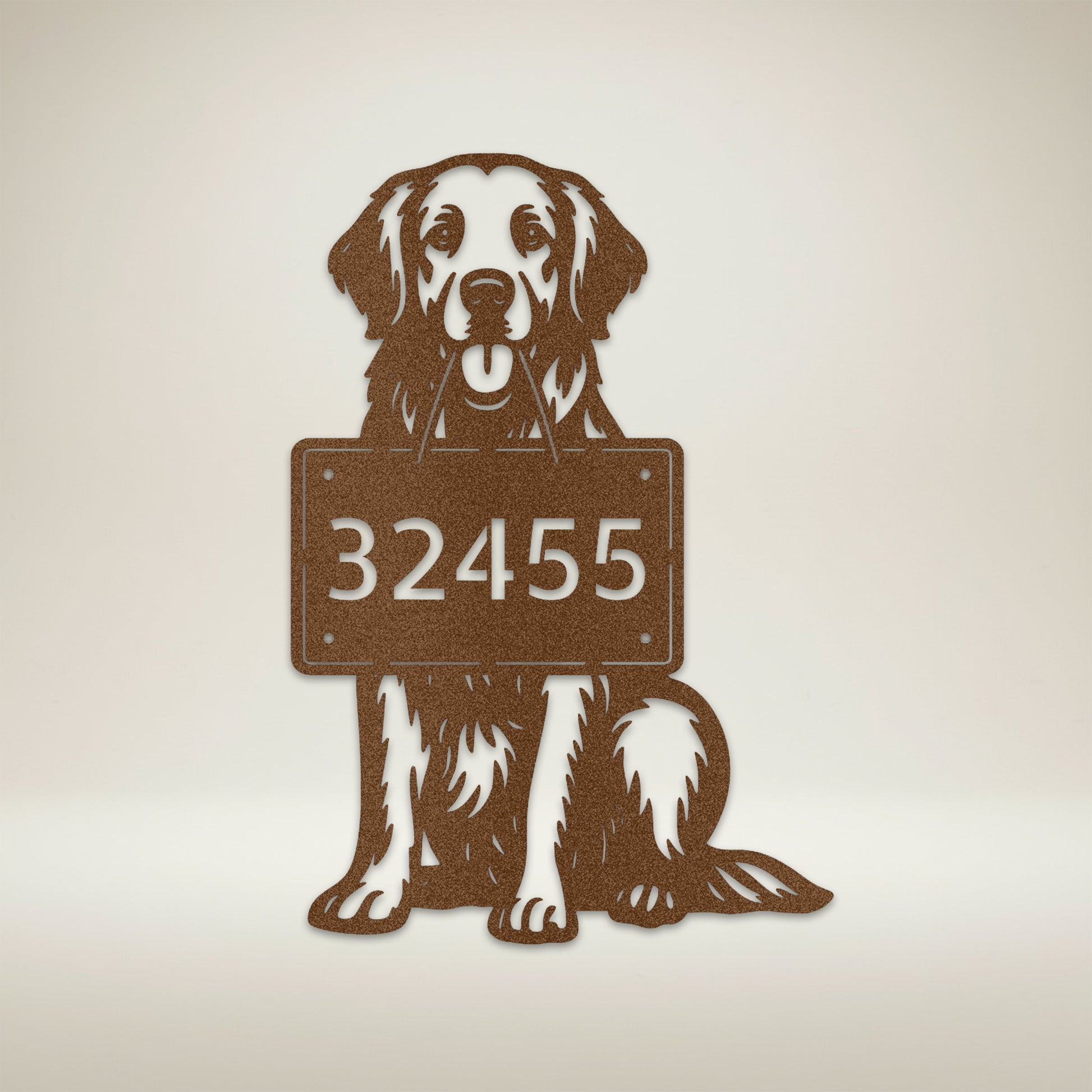 Copper finish Golden Retriever address sign with custom house number 32455, metal wall plaque on soft neutral background.