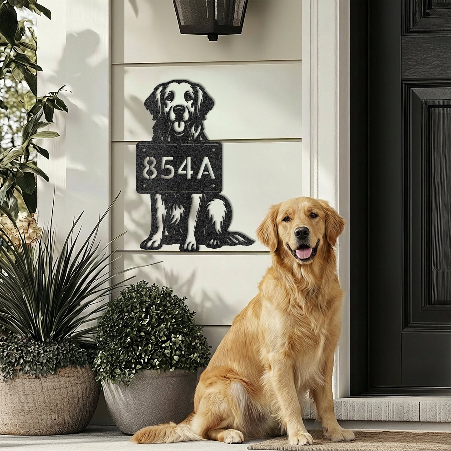 Golden Retriever metal address sign with house number 854A hanging by the front door, Golden Retriever sitting outside the home.