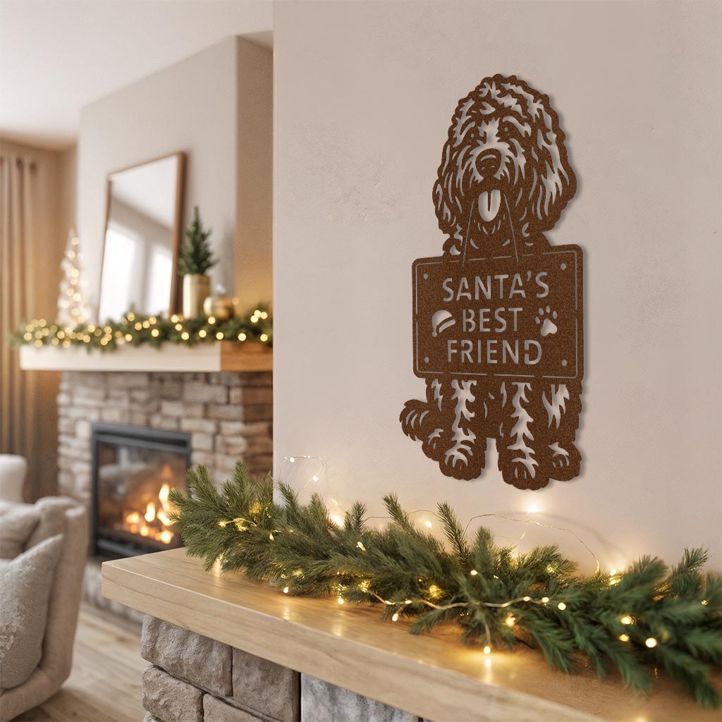Goldendoodle copper metal wall sign with the message ‘Santa’s Best Friend’ displayed in a cozy Christmas living room.