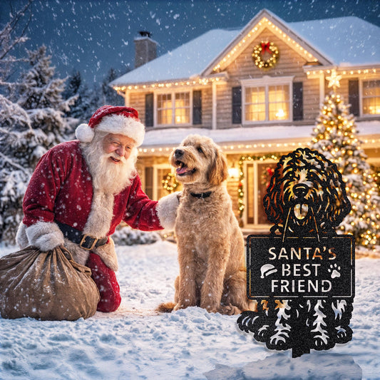 Santa kneeling in the snow, gently petting a happy goldendoodle next to a black metal garden stake sign that reads “Santa’s Best Friend” in front of a decorated Christmas house.