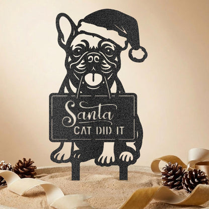 French Bulldog Christmas Garden Stake – Dog with Santa Hat Metal Sign