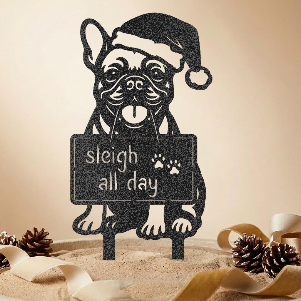 French Bulldog Christmas Garden Stake – Dog with Santa Hat Metal Sign