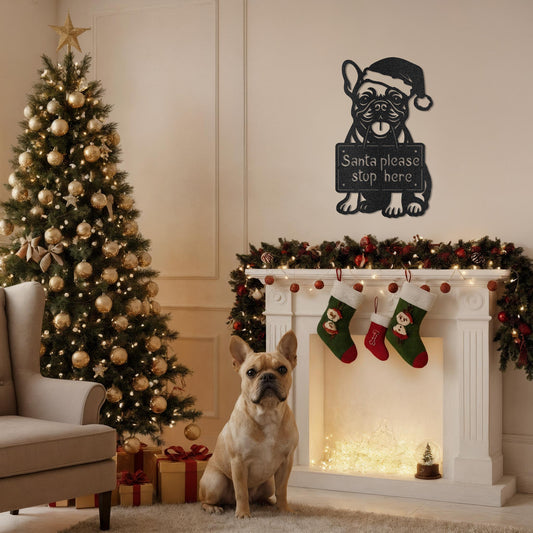 French Bulldog Christmas wall sign with Santa hat displayed above a festive fireplace – “Santa please stop here” metal wall art