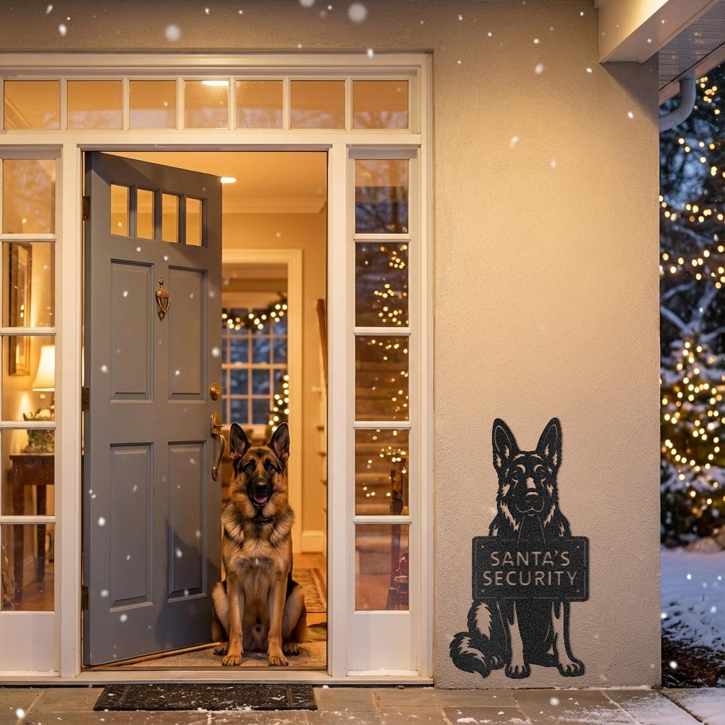 German Shepherd Christmas wall sign with “Santa’s Security” message displayed by a festive front door 