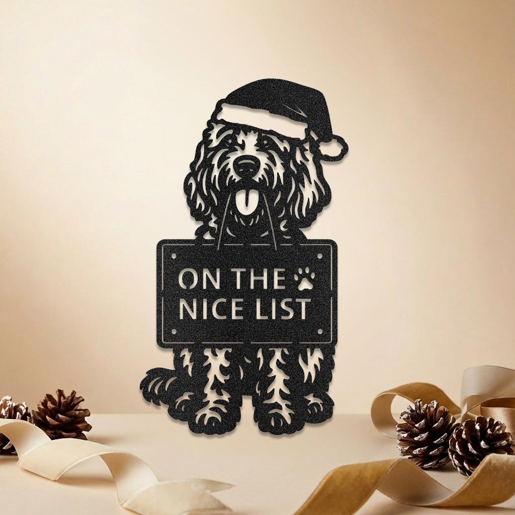 Goldendoodle Christmas wall decor with “On the Nice List” message and Santa hat.