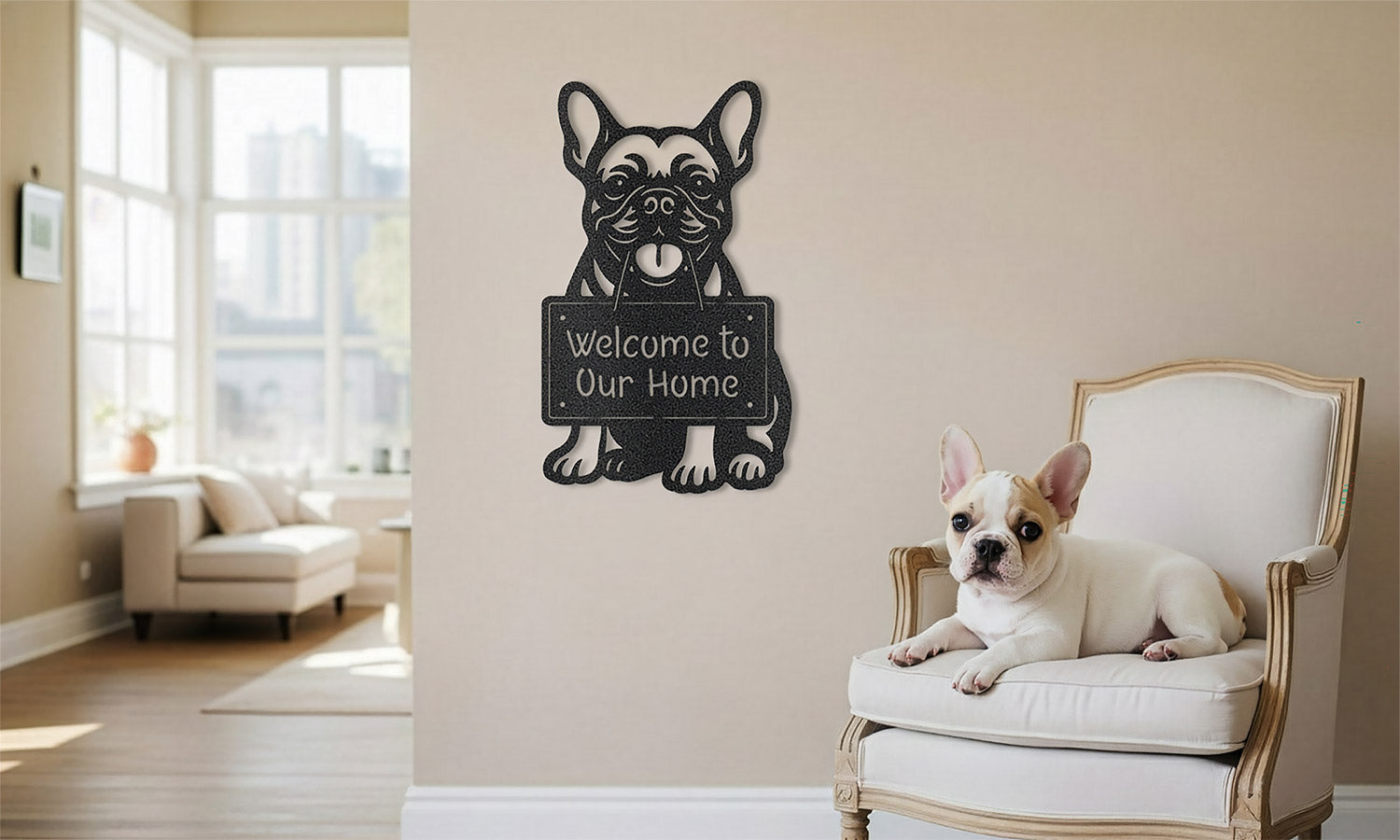 French Bulldog metal wall sign “Welcome to Our Home” displayed in a warm living room next to a relaxed Frenchie on a cream chair – Prime Steel Studio