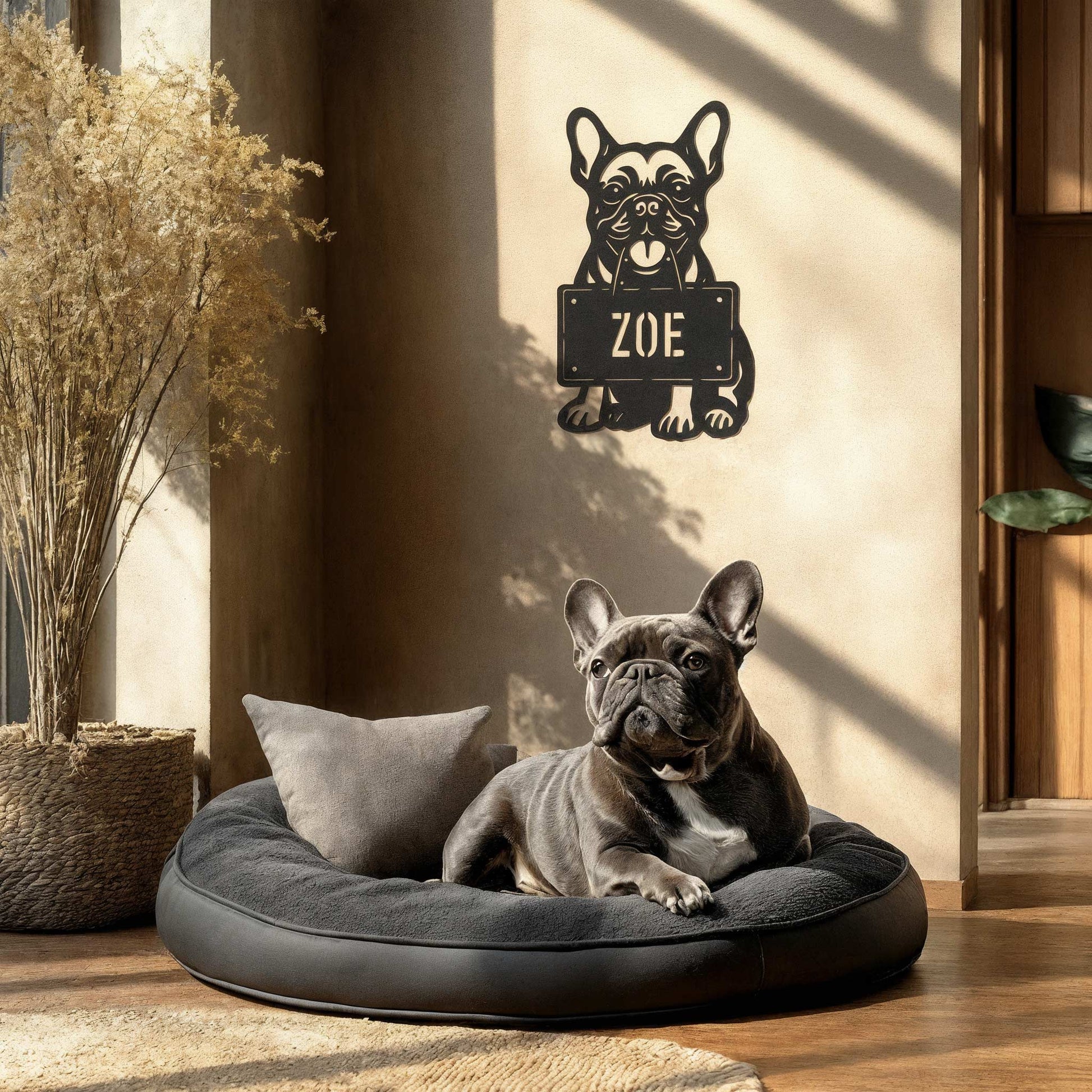 French Bulldog metal name sign displayed above a dog bed – personalized wall decor by Prime Steel Studio