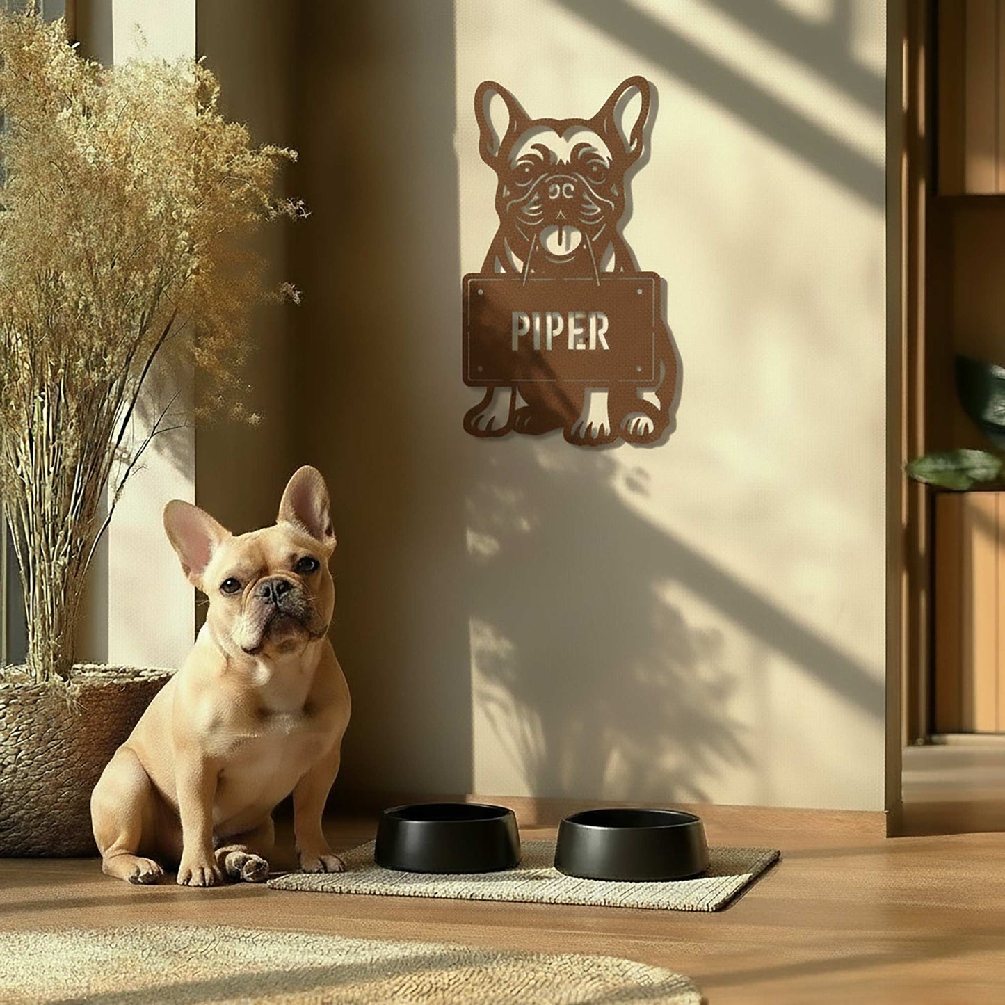 French Bulldog metal name sign above a dog feeding corner – personalized wall decor by Prime Steel Studio