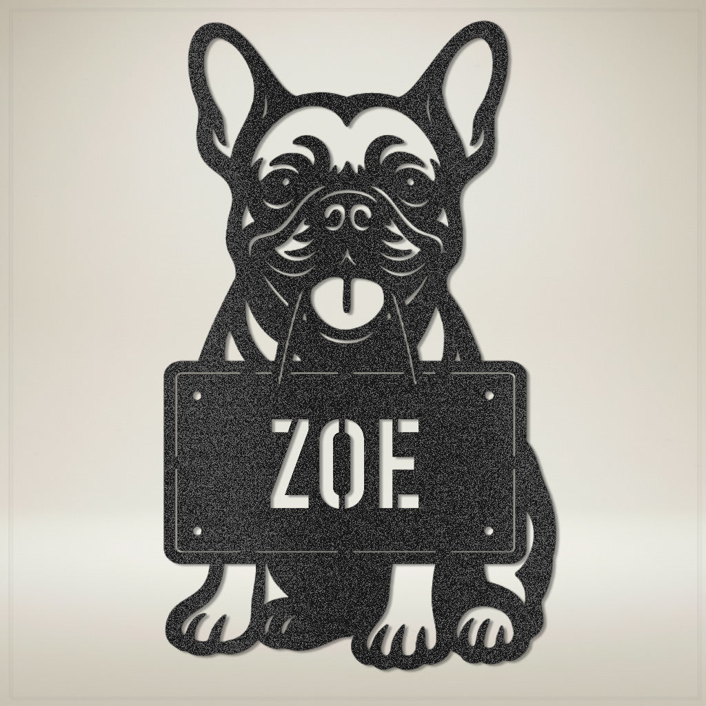 Metal wall art of a dog holding a sign with 'name on a beige background, Prim Steel Studio.